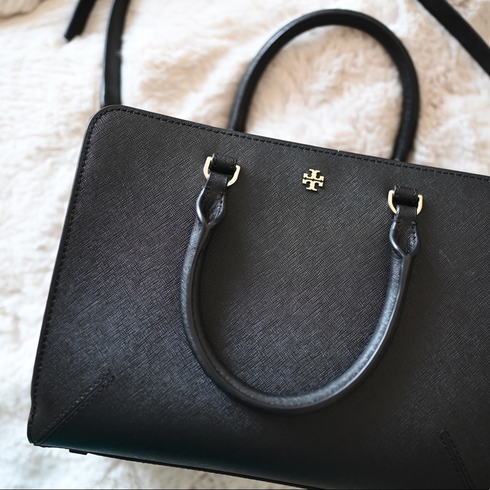 Tory Burch Black Saffiano Leather Satchel with Gold Logo